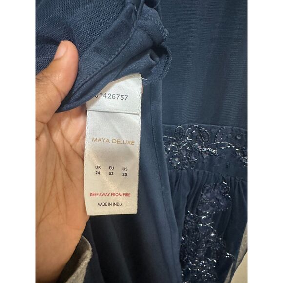 Maya Deluxe Plus Size Blue Beaded Embellished Sleeveless Tulle Dress - Picture 4 of 9